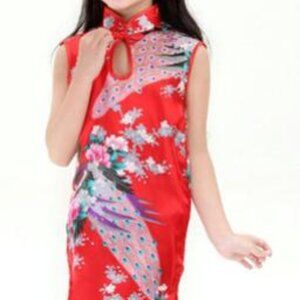 Wudiemi Chinese Peacock Sleeveless Dress Mandarin Collar Red Pink 7-9 Yr Old